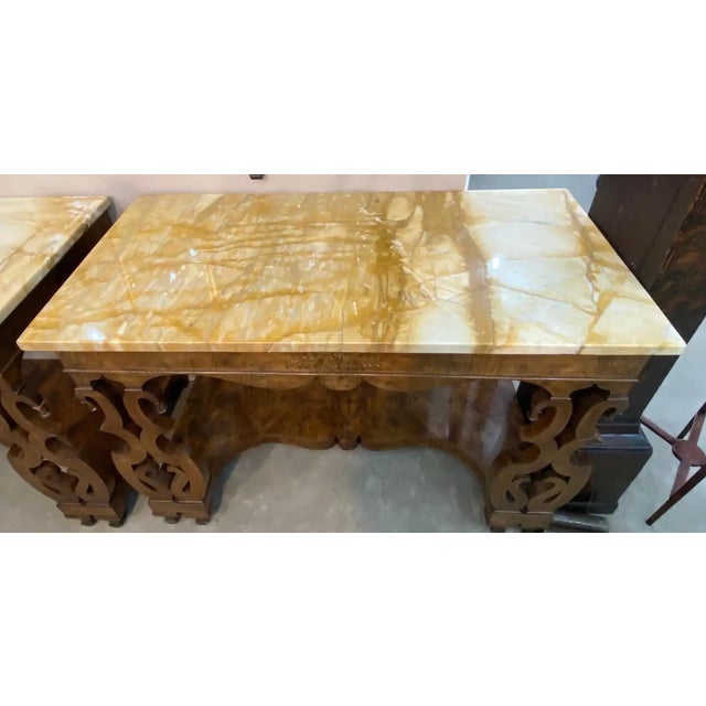 Pair of 19th Century Continental Inlaid Walnut Consoles With Yellow Onyx Tops For Sale - Image 14 of 15