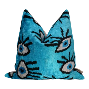 Contemporary Luxury Turquoise Handmade Silk Evil Eye Throw Pillow With Down Insert
