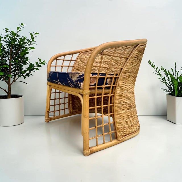 Wood 1980s Vintage Woven Rattan Wicker Barrel Chair For Sale - Image 7 of 11