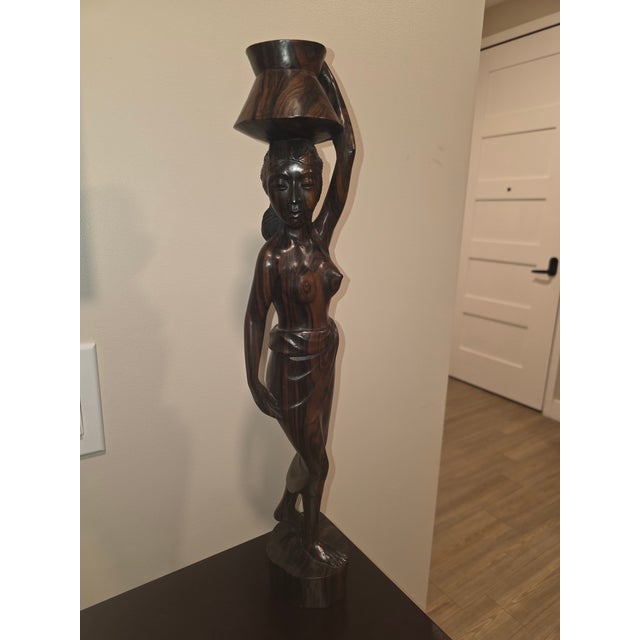 Monumental Mid-Century Two-Tone Macassar Ebony Balinese Harvest Maiden & Water Carrier Sculptures – Pair For Sale - Image 9 of 12