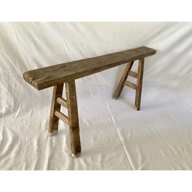 Rustic Elm Wood Skinny Bench For Sale - Image 4 of 9