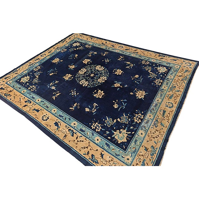 Navy Blue 1920s Blue Navy Floral Medallion Deco Oriental Antique Peking Chinese Rug For Sale - Image 8 of 10