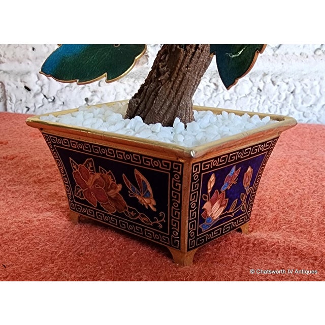 Brass Vintage Chinese Cloisonné Guilloche Enamel Bonsai Tree in Decorative Brass Pot For Sale - Image 8 of 9