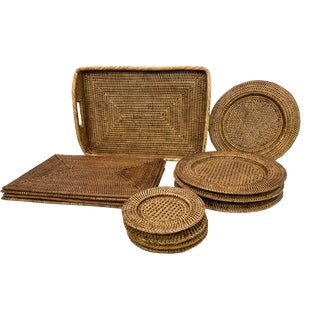 Vintage Rattan Plates, Serving Tray and Placemats, 1970s, Set of 13 For Sale