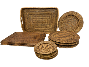 Vintage Rattan Plates, Serving Tray and Placemats, 1970s, Set of 13