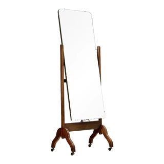 1920s English Walnut Floor Standing Cheval Mirror For Sale