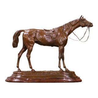 19th Century French Patinated Bronze Horse on Marble Base Signed J. Moigniez For Sale