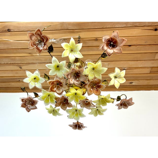 An expressive late 20th century floral flush mount chandelier, reimagined with rare yellow and brown Murano-style glass...
