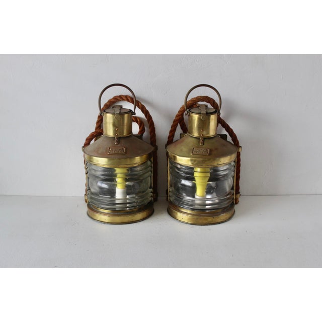 Vintage British Brass Glass Rope Marine Masthead Light Lantern Lamps-a Pair For Sale - Image 13 of 17