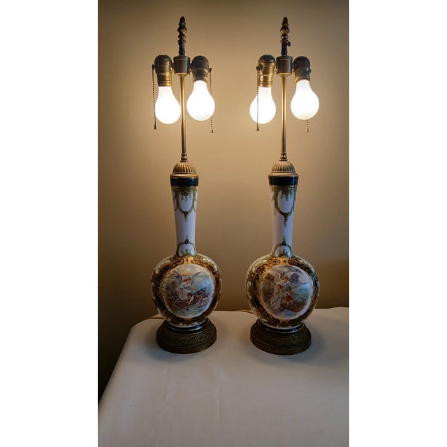 Angel & Child Antique Opaline Hand Painted, Gilt, and Bronze Lamp -a Pair For Sale - Image 4 of 16