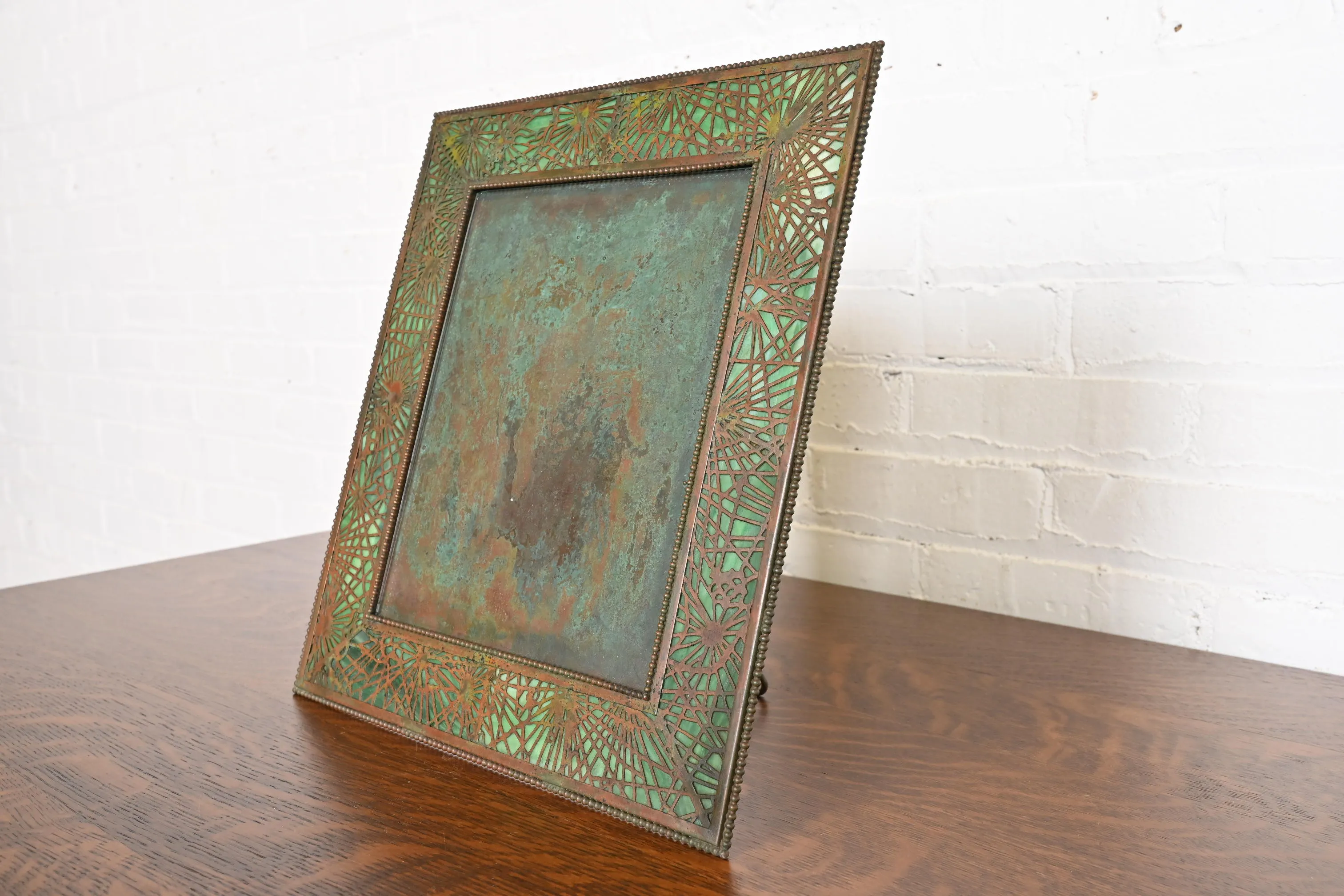 Tiffany Studios New York Pine Needle Bronze and Green Slag Glass