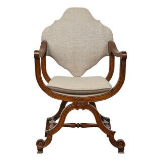 Italian 19th Century Walnut Curule Upholstered Armchair with Carved X-Form Base For Sale