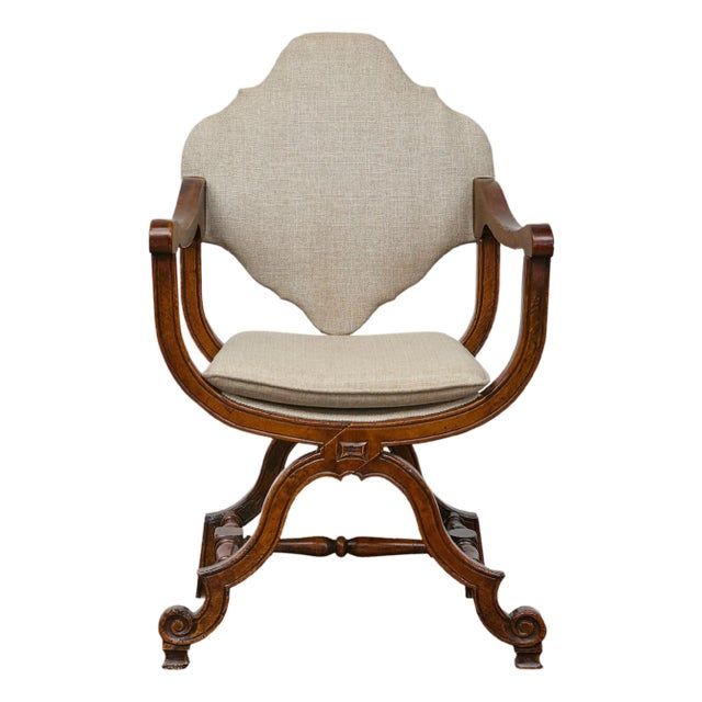 Italian 19th Century Walnut Curule Upholstered Armchair with Carved X-Form Base For Sale