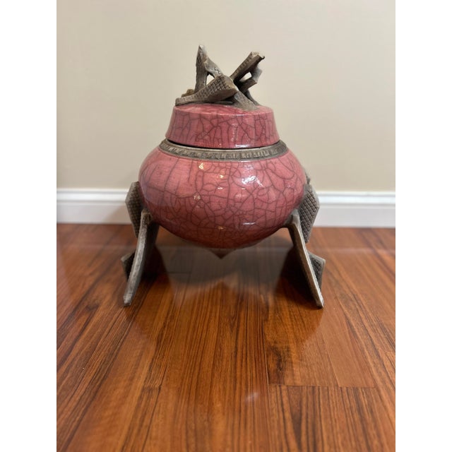 Vintage MDC Signed Pink Raku Ceramic Tripod Lidded Vessel For Sale - Image 4 of 7