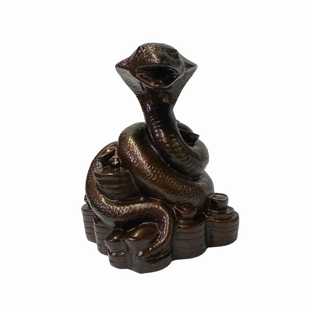 Chinese Oriental Metallic Brown Color Metal Fengshui Snake Ingot Figure For Sale In San Francisco - Image 6 of 6