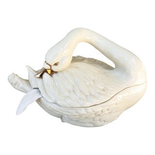 Vintage Ceramic Italian Swan Tureen With White Ladle and Lid - Hollywood Regency For Sale