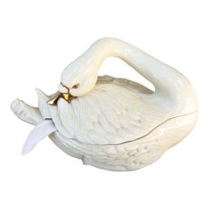 Vintage Ceramic Italian Swan Tureen With White Ladle and Lid - Hollywood Regency