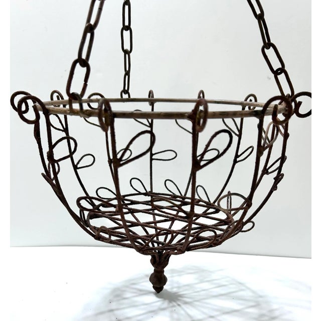 Victorian Vintage Wrought Iron Hanging Planter Basket With Scrollwork & Original Chain For Sale - Image 3 of 12