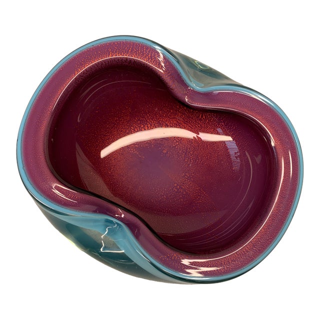 1950s Alfredo Barbini Murano Turquoise Blue & Raspberry Blown Art Glass Bowl For Sale