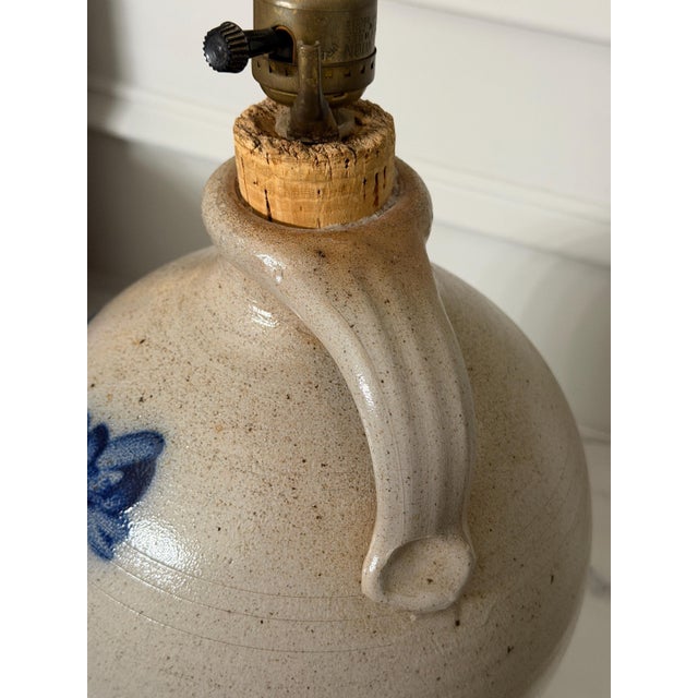 Vintage Rowe Pottery Works Salt Glazed Stoneware Cobalt Blue Bird Jug Table Lamp 25" For Sale In Philadelphia - Image 6 of 18
