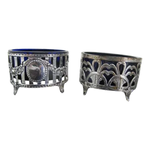 Vintage Danish 830 Silver Open Salt Cellar Pair With Blue Glass Insert