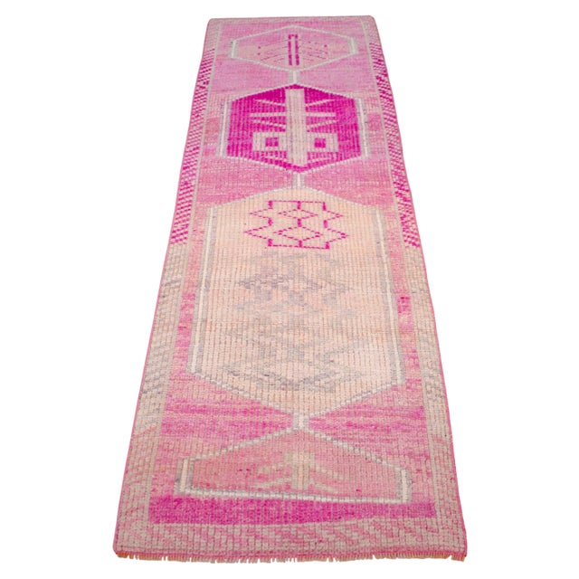 Vintage Turkish Hand-Knotted Runner Rug Pink Hallway Kitchen Decor - 2′10″ × 8′8″ For Sale - Image 4 of 13
