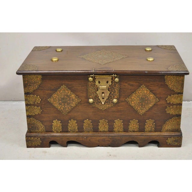 Antique Anglo-Indian Oak Wood & Brass Mounted Syrian Coffer Blanket Chest Trunk. Item features solid wood construction,...