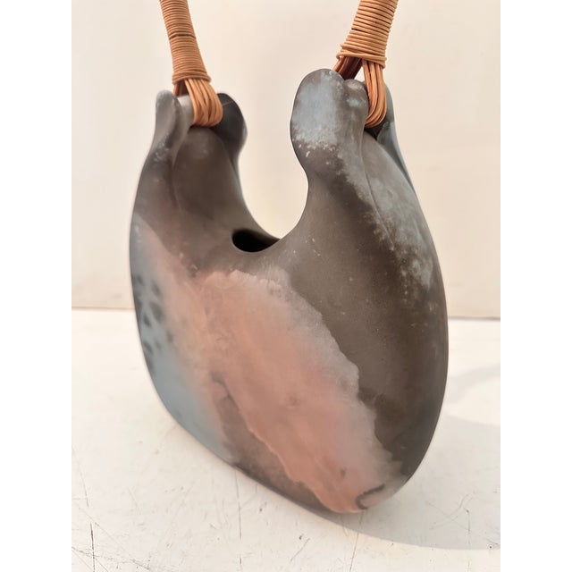 Contemporary Signed Sculptural Raku Vessel With Woven Handle For Sale - Image 3 of 11