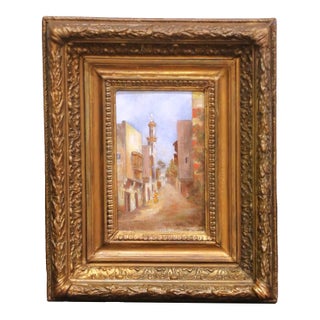 Mid-19th Century French Street Scene Oil on Board Painting in Carved Gilt Frame For Sale