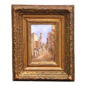 Mid-19th Century French Street Scene Oil on Board Painting in Carved Gilt Frame