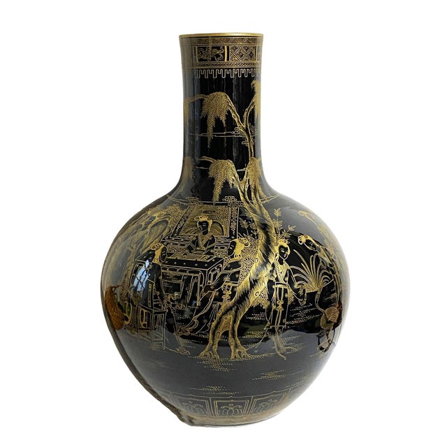 Ceramic Vintage Large Chinoiserie Onion Shape Famille Noire Vase 19.25" H For Sale - Image 7 of 12