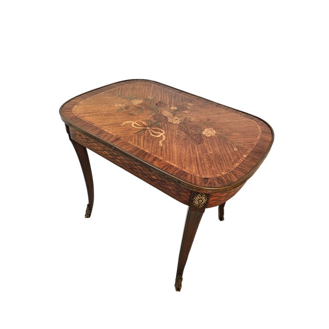 French French Louis XV Style Marquetry Side Table With Bronze Accents, Circa 1900 For Sale - Image 3 of 14