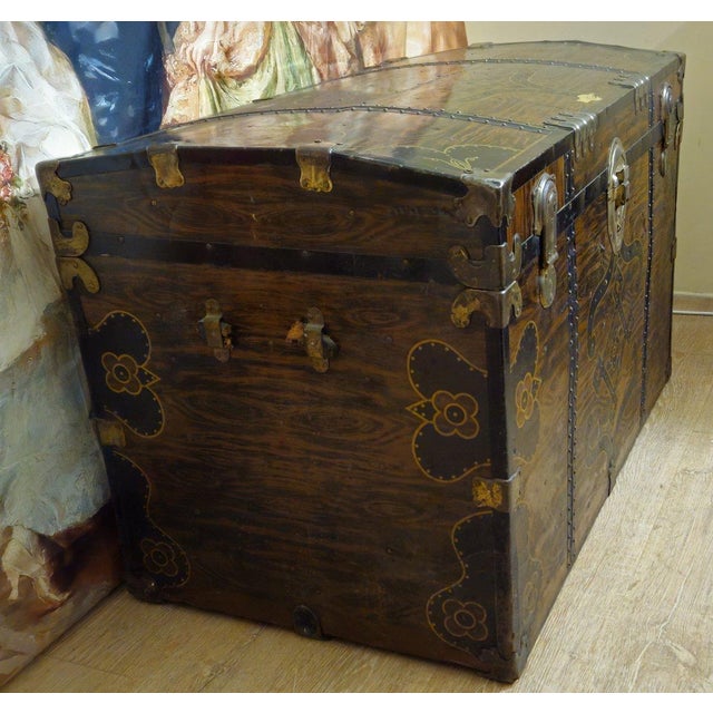 Antique decorated metal travel trunk with brass fittings – late 19th century rare metal travel trunk with a faux wood...