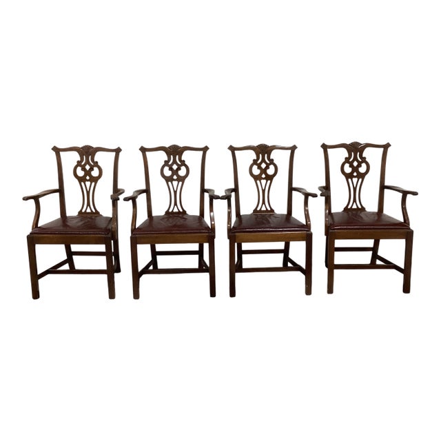 Set of 4 Chippendale-Style Mahogany Dining Armchairs With Leather Seats For Sale