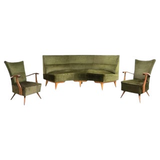 Green Velvet and Oak Wood Armchairs and Sofa, 1950s, Set of 3 For Sale