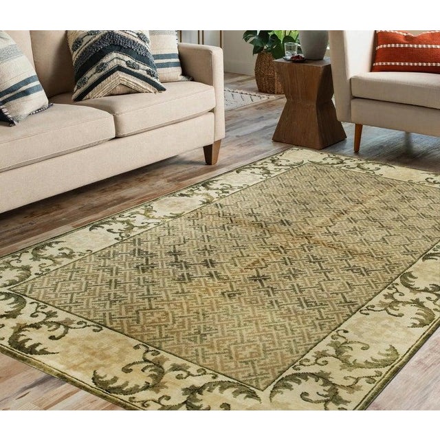 Textile 6x9 Green Hand-Knotted Wool Scrolled Leaf Border Geometric Modern Carpet Rug For Sale - Image 7 of 8