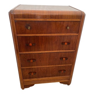 1930s Art Deco Dresser Chest Four Drawers Bakelite Brass Pulls Waterfall Top, Casters For Sale