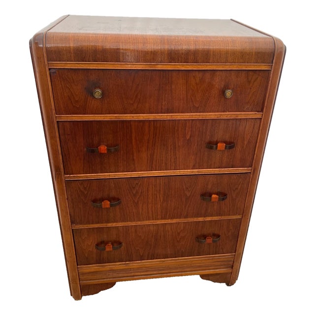 1930s Art Deco Dresser Chest Four Drawers Bakelite Brass Pulls Waterfall Top, Casters For Sale