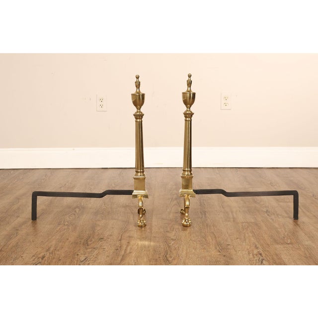 Traditional Federal Style Pair Of Brass Andirons For Sale - Image 3 of 18