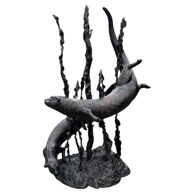 Bronzed Metal Swimming Otters in Kelp Garden Fountain Sculpture For Sale - Image 11 of 16