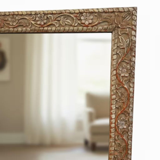 Farmhouse 1980s Large Hand Carved Floral Wood Wall Mirror for Entryway | Distressed White Farmhouse Vanity Accent For Sale - Image 3 of 3