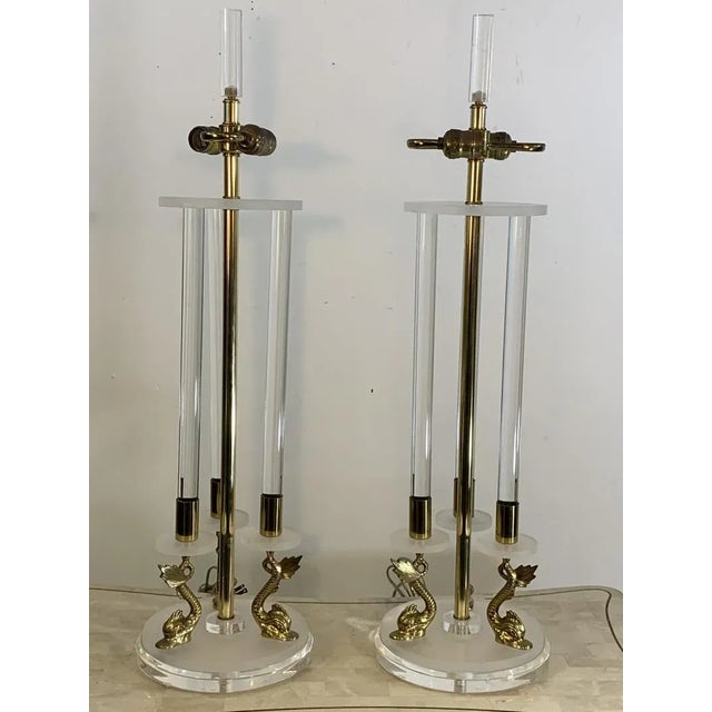 Late 20th Century Clear & Frosted Lucite With Brass Dolphin Lamps in the Manner of Maison Charles For Sale - Image 5 of 13