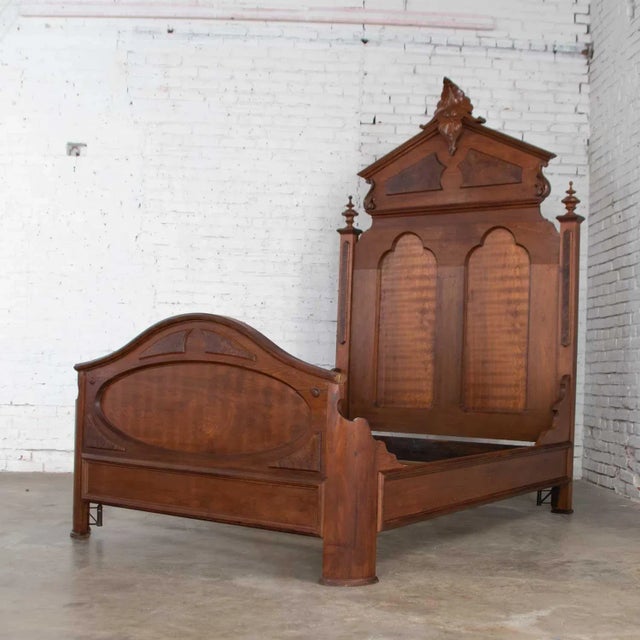 Antique Victorian Full Size Bed Tall Lincoln Style Walnut & Burl Walnut Hand Carved For Sale - Image 13 of 13