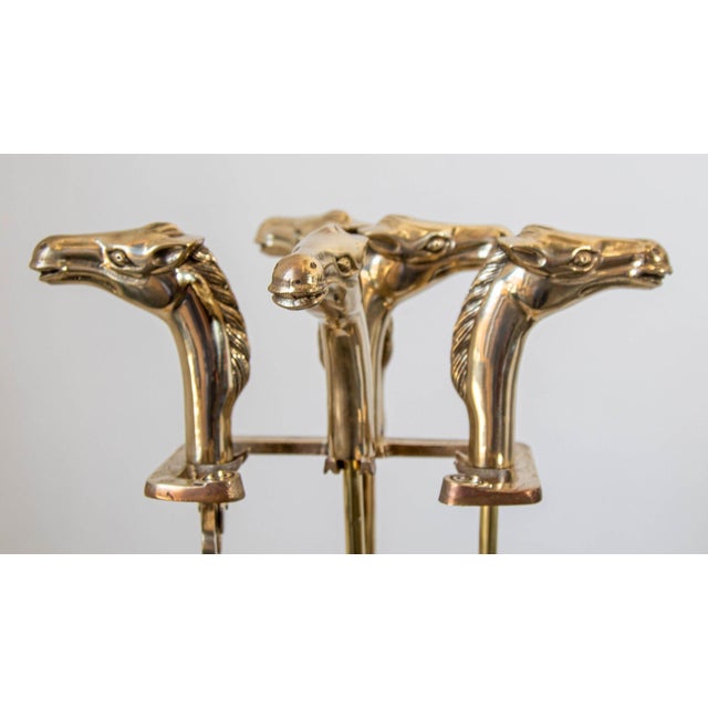 Art Deco French Brass Horse Head Fireplace Tool Set Equestrian Hollywood Regency Style For Sale - Image 3 of 13