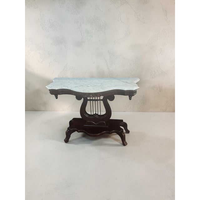 1960s Vintage Marble Top Console Table – Solid Wood Lyre Base For Sale - Image 5 of 5
