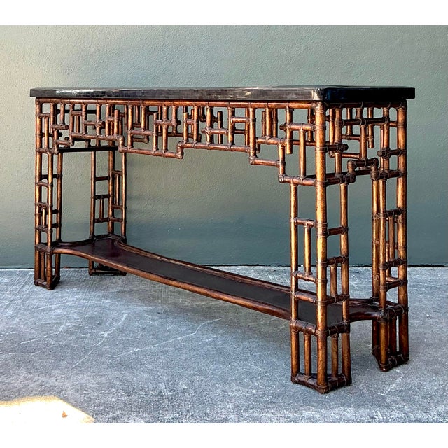 Chinoiserie Vintage Lexington Fretwork Rattan Console Table For Sale - Image 3 of 12
