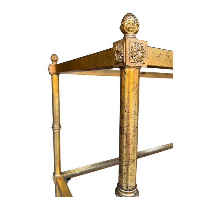 Metal Vintage Italian Gold Gilt Faux Bamboo Étagère – Hollywood Regency Metal Bookcase With Smoked Glass & Cane Shelves For Sale - Image 7 of 9