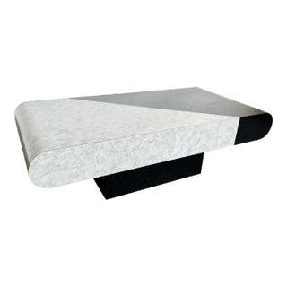 Postmodern Black Gloss and Faux Stone Laminate Bullnose Coffee Table For Sale