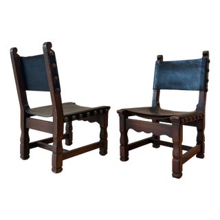 Pair of Vintage Spanish Brutalist Leather & Oak Accent Chairs For Sale
