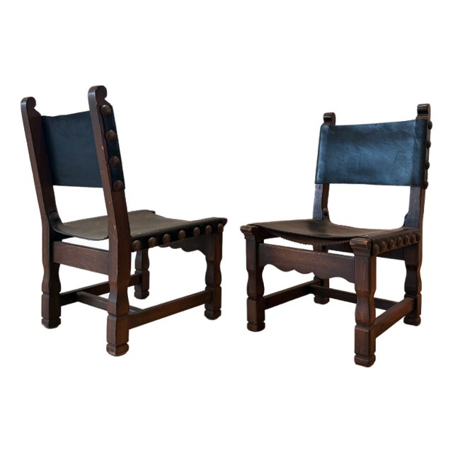 Pair of Vintage Spanish Brutalist Leather & Oak Accent Chairs For Sale